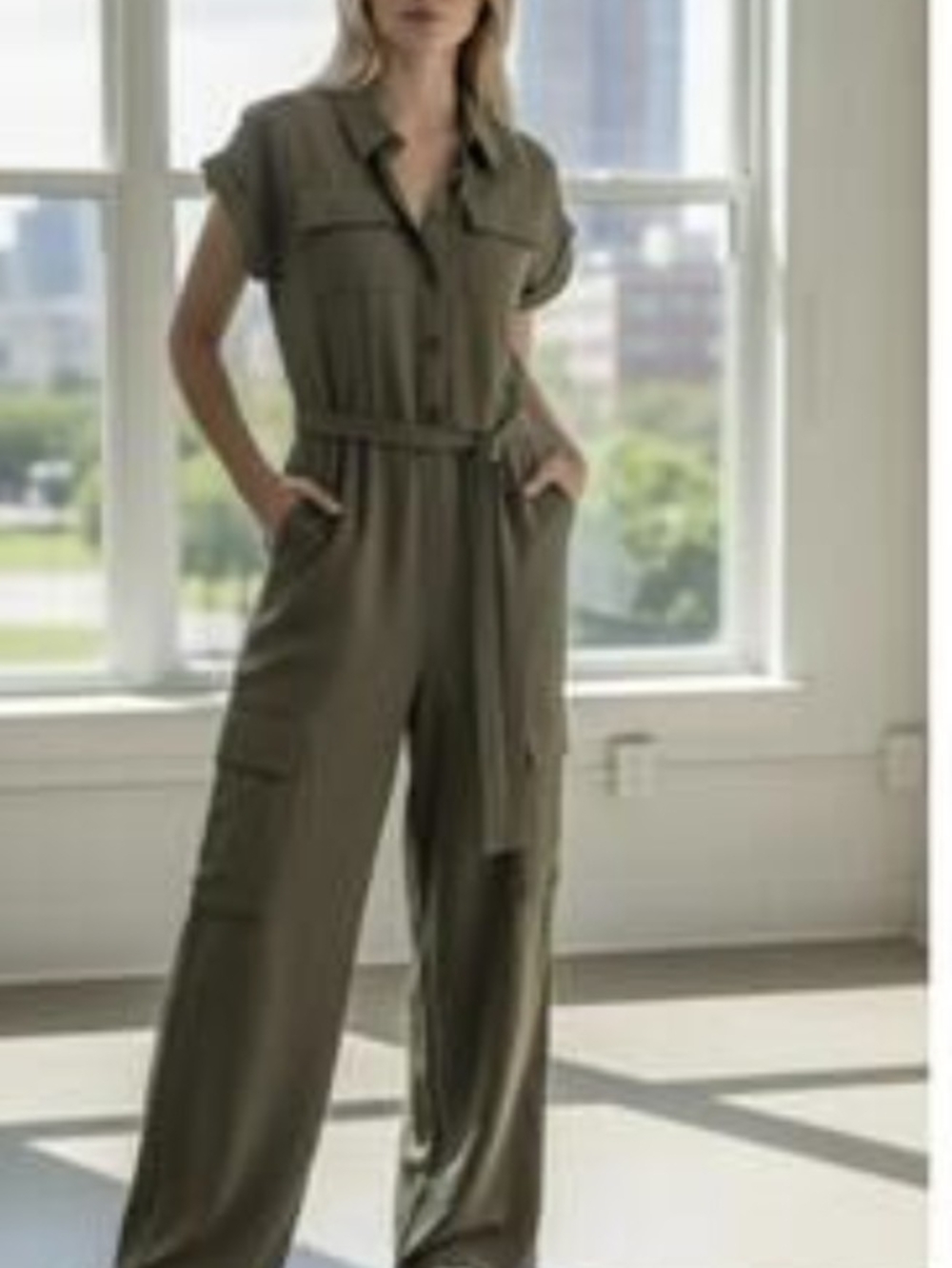 Monteau Olive Green Short-Sleeve Utility Jumpsuit